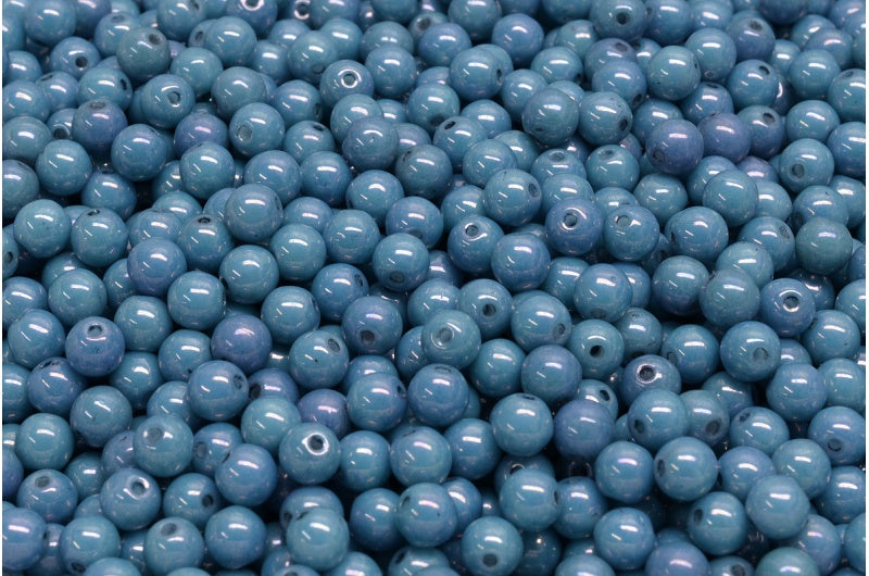 Round Druck Beads, White Luster Blue Full Coated (02010-14464), Glass, Czech Republic