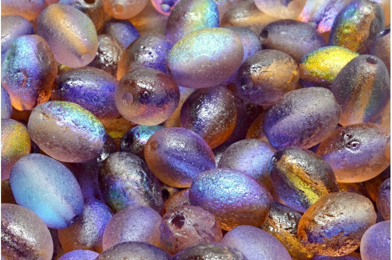 オリーブビーズ、クリスタルエッチング加工、光沢のあるパープルゴールド（00030-etch-48107）、ガラス、チェコ共和国