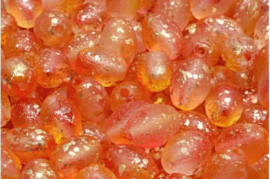 Olive Beads, Crystal Etched Red Orange Gold Splash (00030-etch-48001-94401), Glass, Czech Republic