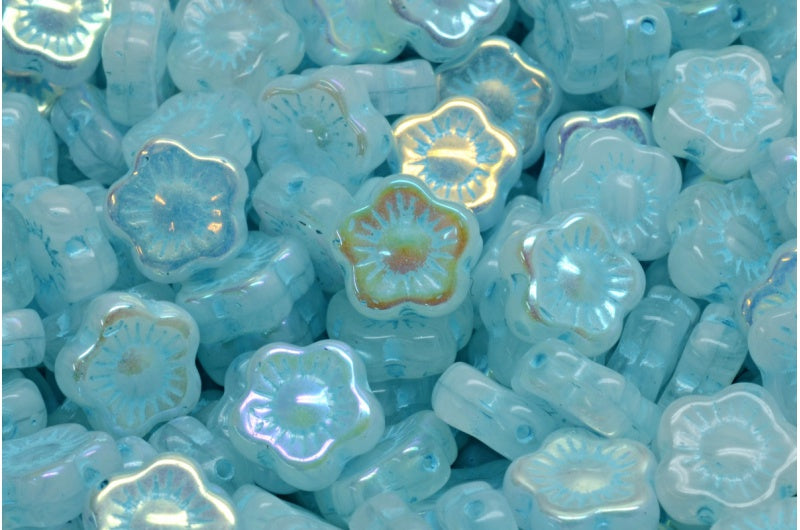 Sunset Flower Beads, White Ab Light Blue Lined (R0201-28701-54308), Glass, Czech Republic