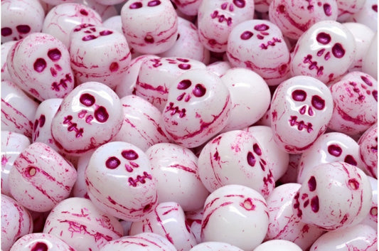 Skull Beads, White Pink Lined (02010-43807), Glass, Czech Republic