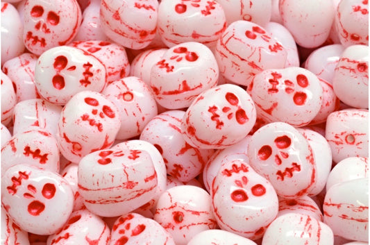 OUTLET 10 grams Skull Beads, 12 x 12 mm, White Red Lined (02010-43808), Glass, Czech Republic