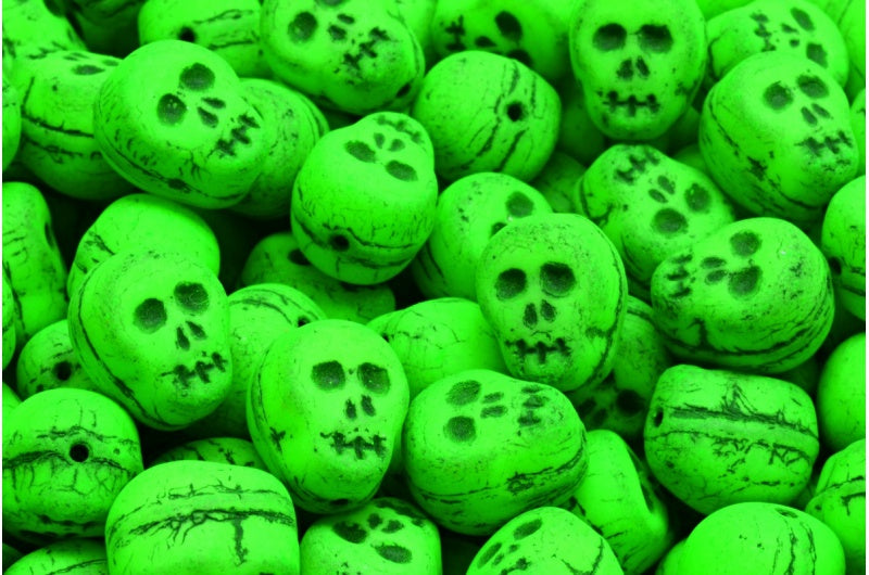 Skull Beads, White Black Lined Neon Green (02010-46441-25124), Glass, Czech Republic