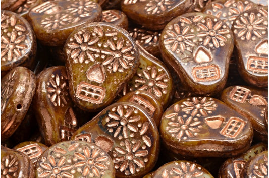 Sugar Skull Beads, Beige Travertin Copper Lined (13020-86800-54318), Glass, Czech Republic