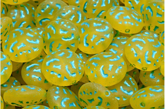 Lentil Beads with Ornaments, Transparent Yellow Matte Light Blue Lined (80020-84100-43811), Glass, Czech Republic