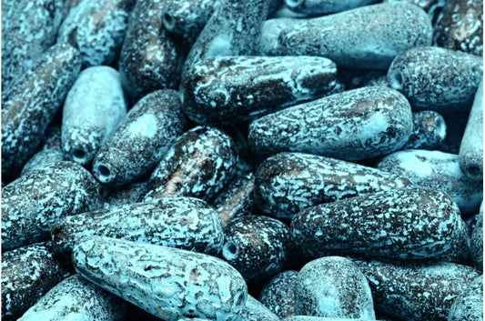 OUTLET 10 grams Drop Beads, 20 x 9 mm, Black Etched Light Blue Lined (23980-etch-54308), Glass, Czech Republic
