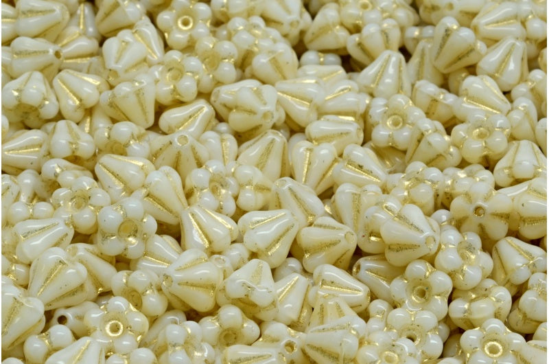 Bell Flower Beads, Beige Gold Lined (07104-54202), Glass, Czech Republic