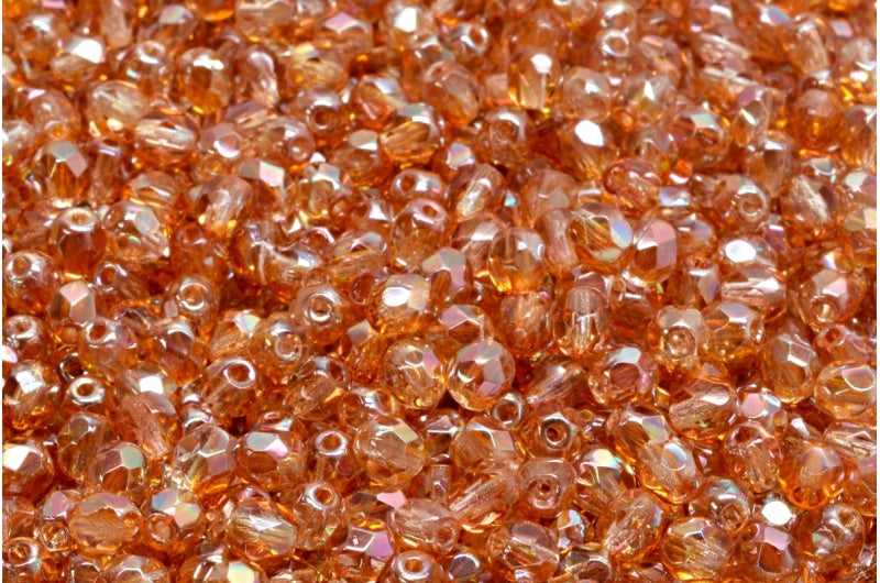 Fire Polished Faceted Beads Round, Crystal Full Apricot (00030-29123), Bohemia Crystal Glass, Czech Republic