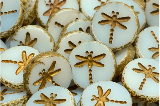 Table Cut Dragonfly Beads, White Dirty Gold (02010-04302), Glass, Czech Republic