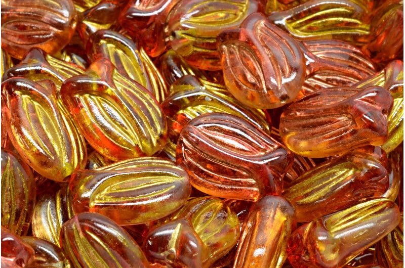 奥特莱斯 10克迷你郁金香珠，16 x 11毫米，水晶金边红橙色（00030-54302-48001），玻璃，捷克共和国