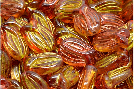 奥特莱斯 10克迷你郁金香珠，16 x 11毫米，水晶金边红橙色（00030-54302-48001），玻璃，捷克共和国