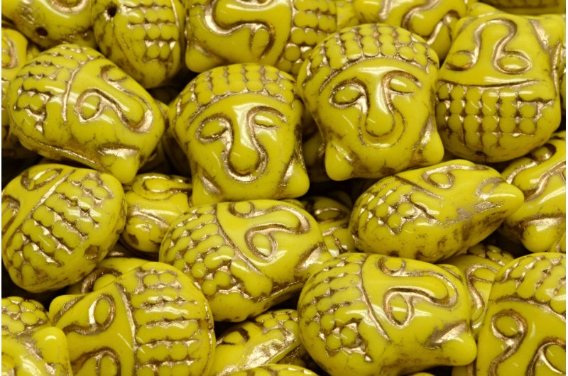 Buddha Head Beads, Opaque Yellow Gold Lined (83110-54302), Glass, Czech Republic