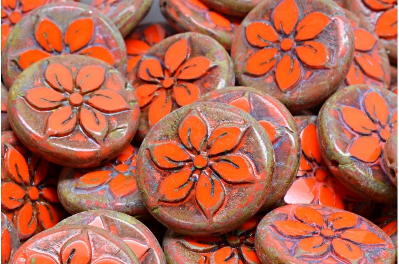 Table Cut Coin Flower Beads, Opaque Yellow Travertin (93120-86800), Glass, Czech Republic