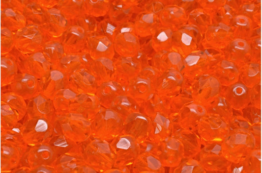 OUTLET 250g Round Faceted Fire Polished Beads, Transparent Orange C (90020-C), Glass, Czech Republic