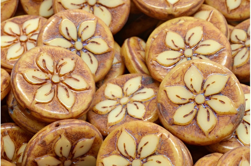 Table Cut Coin Flower Beads, Beige Travertin (11111-86800), Glass, Czech Republic