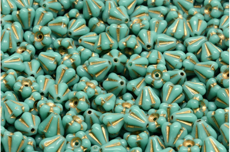 Bell Flower Beads, Turquoise Gold Lined (63130-54302), Glass, Czech Republic