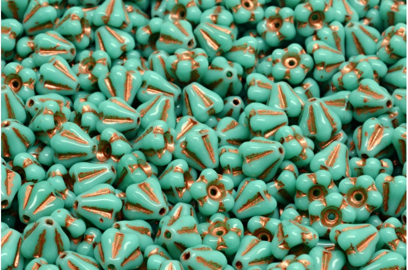 Bell Flower Beads, Turquoise Copper Lined (63130-54319), Glass, Czech Republic