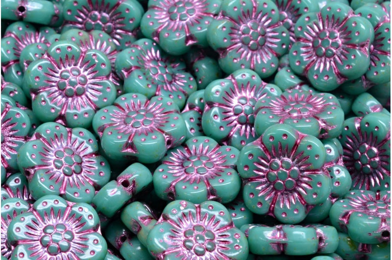 Boho Flower Beads, Turquoise Travertin Pink Lined (63130-86800-54321), Glass, Czech Republic