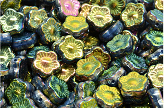 OUTLET 10 grams Sunset Flower Beads, 10 x 10 mm, Green Gold (R2332-28103), Glass, Czech Republic