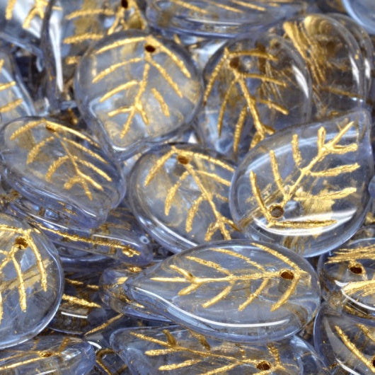 アップルリーフビーズ、透明ライトアメジスト、ゴールドライン（20210-54302）、ガラス、チェコ共和国