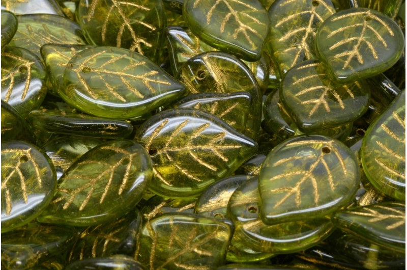 OUTLET 10 克苹果叶珠，透明绿色金线（50220-54302），玻璃，捷克共和国