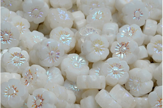 Table Cut Hawaii Flower Beads, White Ab Full (2X Side) (02010-28703), Glass, Czech Republic