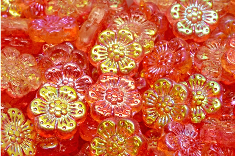 Boho Flower Beads, Crystal Glossy Red Gold (00030-48101), Glass, Czech Republic