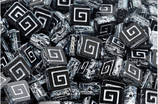 Table Cut Celtic Square Beads, Black Travertin Silver Lined (23980-86800-54301), Glass, Czech Republic
