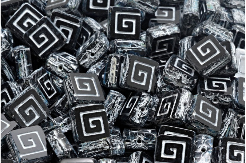 OUTLET 10 grams Table Cut Celtic Square Beads, Black Travertin Silver Lined (23980-86800-54301), Glass, Czech Republic