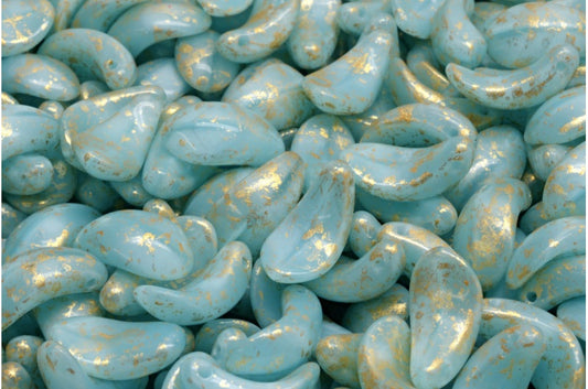 Curved Petal Beads, Opal Aqua Gold Splash (61400-94401), Glass, Czech Republic