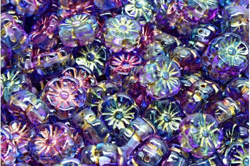 OUTLET 10 grams Mallow Flower, 10 x 10 mm, Crystal Gold Lined Blue Violet (00030-54302-48002), Glass, Czech Republic