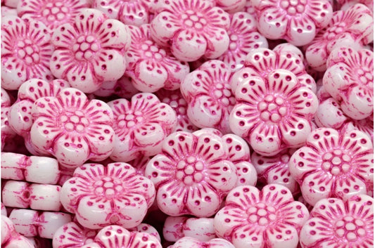 ボヘミアンフラワービーズ、ホワイトピンクライン（02010-43807）、ガラス、チェコ共和国