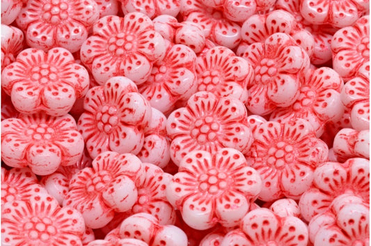 Boho Flower Beads, White Red Lined (02010-43808), Glass, Czech Republic