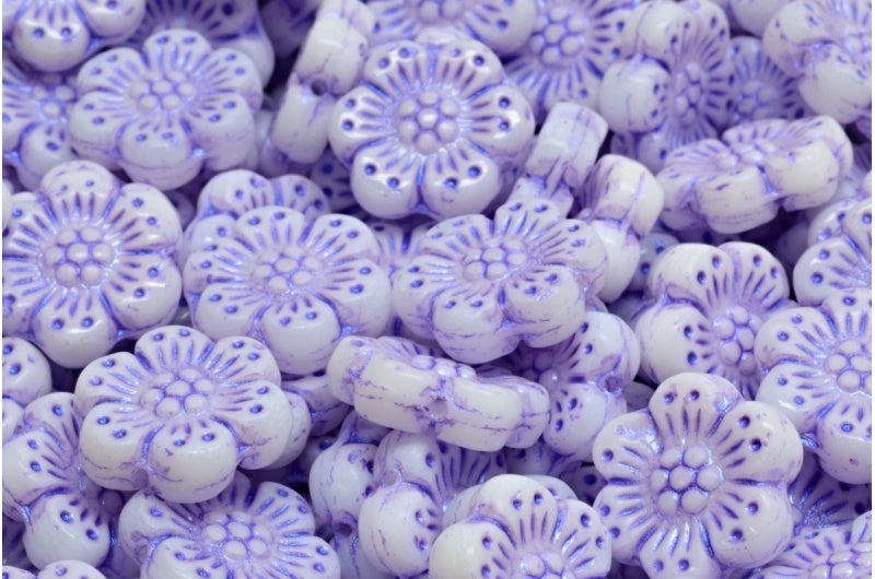 Boho Flower Beads, White Blue Purple Lined (02010-43809), Glass, Czech Republic