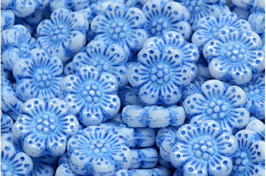 ボヘミアンフラワービーズ、ホワイトブルーライン（02010-43812）、ガラス、チェコ共和国