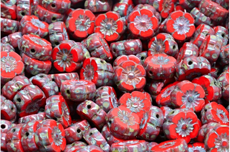 桌切夏威夷花珠，不透明红色石灰华 (93200-86800)，玻璃，捷克共和国