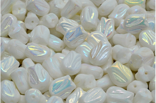 Mini Tulip Beads, White Ab Full (2X Side) (02010-28703), Glass, Czech Republic