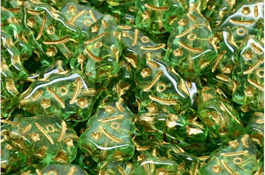 OUTLET 10 grams Christmas Tree Beads, 17 x 12 mm, Transparent Green Gold Lined (50500-54302), Glass, Czech Republic