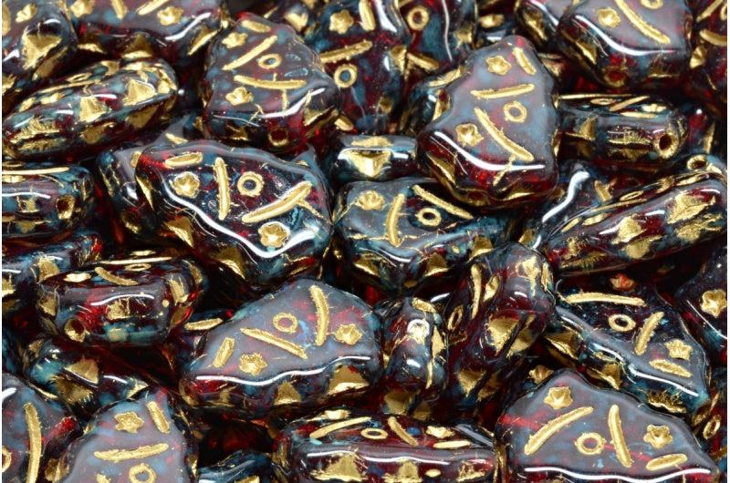 OUTLET 10 grams Christmas Tree Beads, 17 x 12 mm, Ruby Red Travertin Gold Lined (90080-86800-54302), Glass, Czech Republic