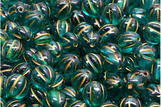 Melon Beads, Transparent Aqua Gold Lined (60220-54302), Glass, Czech Republic