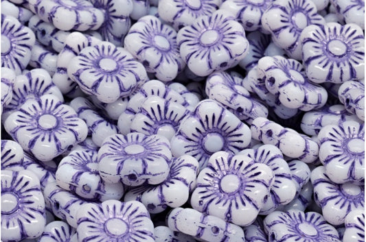 Square Flower Beads, White Blue Lined (02010-54325), Glass, Czech Republic