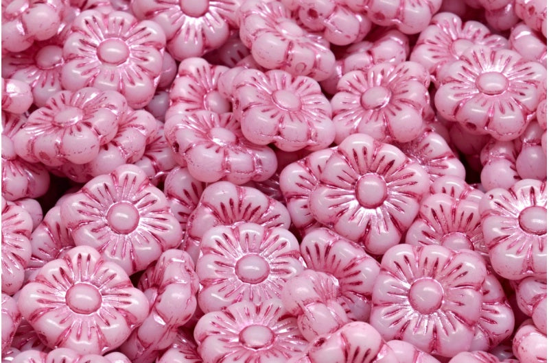 Square Flower Beads, White Pink Lined (02010-54321), Glass, Czech Republic