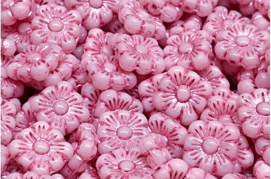 Square Flower Beads, White Pink Lined (02010-54321), Glass, Czech Republic
