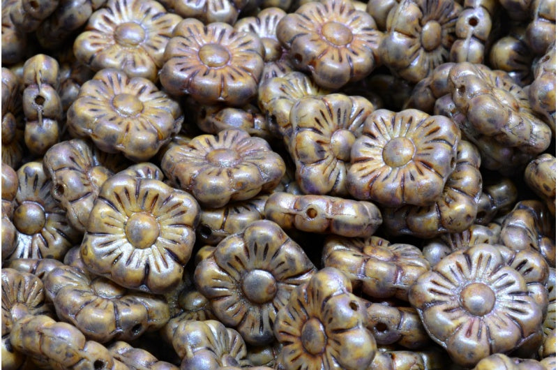 Square Flower Beads, White Purple Brown Luster Spotted (02010-65329), Glass, Czech Republic