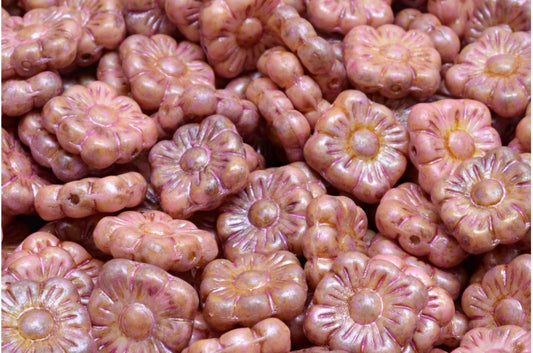 Square Flower Beads, White Pink Beige Luster Spotted (02010-65323), Glass, Czech Republic