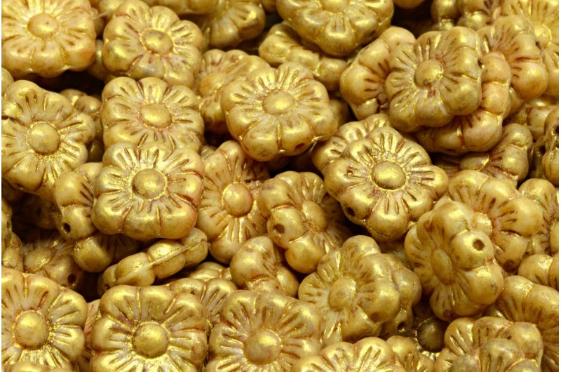 スクエアフラワービーズ、ホワイトゴールド光沢スポット（02010-65322）、ガラス、チェコ共和国