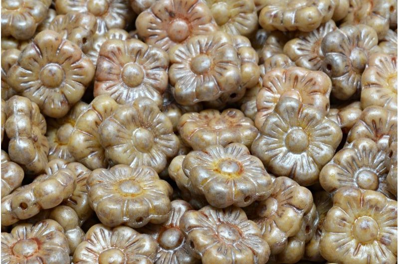 Square Flower Beads, White Cream Luster Spotted (02010-65321), Glass, Czech Republic