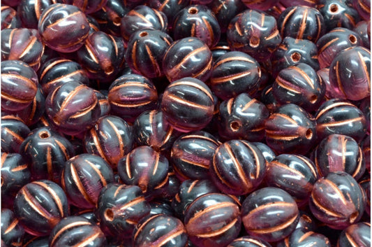 Melon Beads, Transparent Amethyst Copper Lined (20070-54319), Glass, Czech Republic