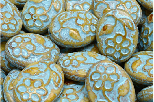 アウトレット 10グラム オーバルフラワービーズ付き、21 x 16 mm、ホワイトトラバーチンライトブルーライン（02010-86800-54308）、ガラス、チェコ共和国