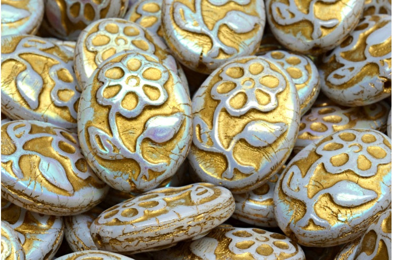 OUTLET 10 grams Oval With Flower Beads, 21 x 16 mm, White Ab Full (2X Side) Gold Lined (02010-28703-54302), Glass, Czech Republic